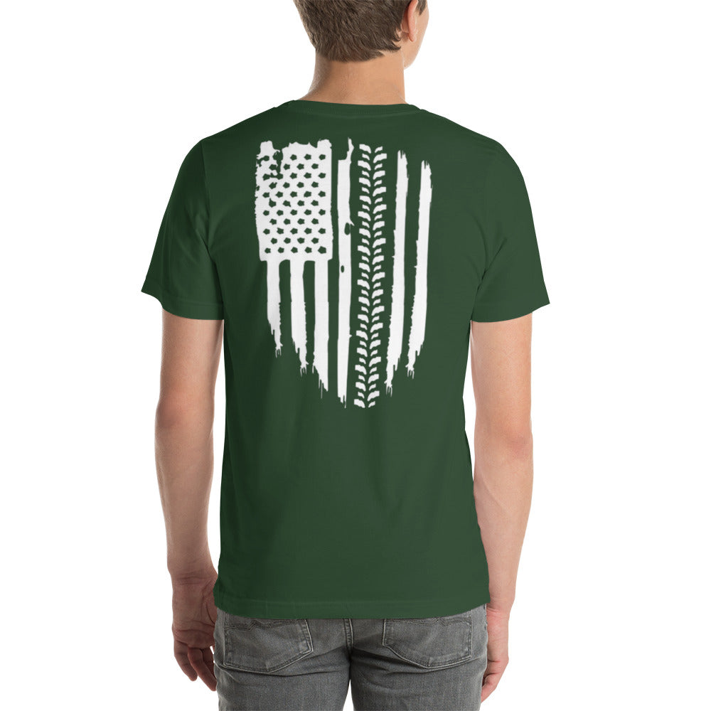 a man wearing a green t - shirt with an american flag on it