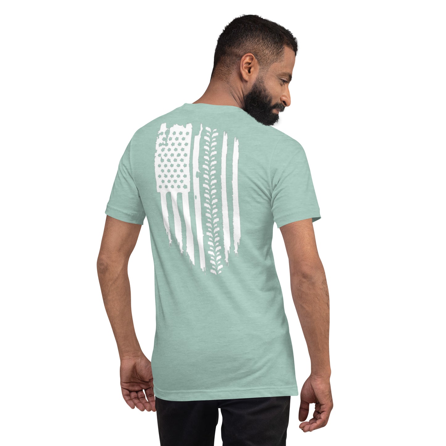 a man wearing a t - shirt with an american flag on it