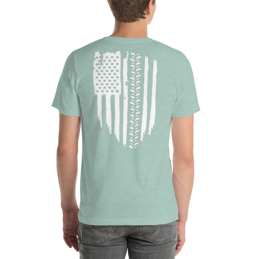 a man wearing a t - shirt with an american flag on it