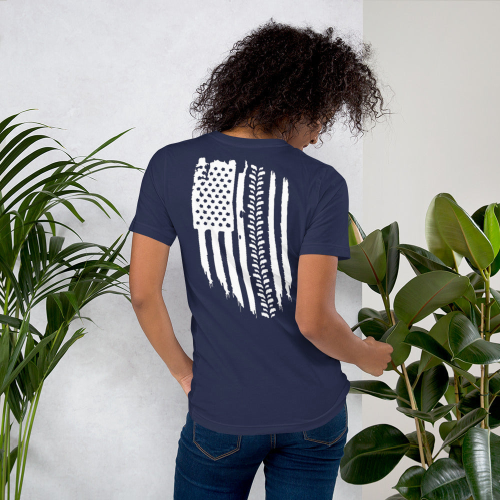 a woman wearing a t - shirt with an american flag on it