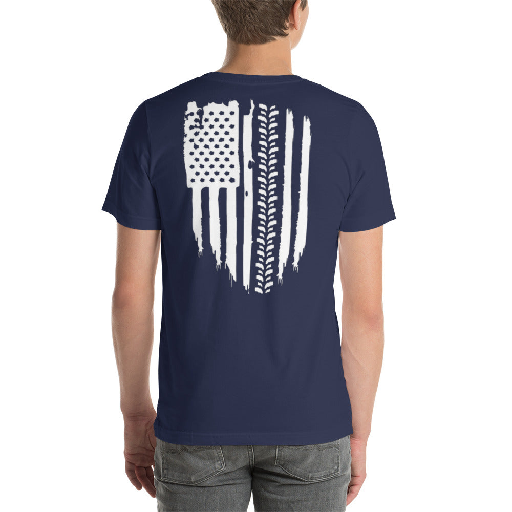 a man wearing a blue t - shirt with an american flag on it