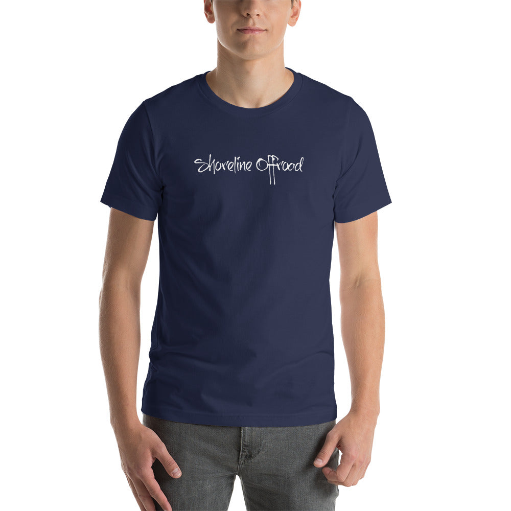 a man wearing a blue t - shirt with the words sunshine school on it