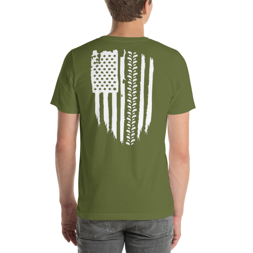 a man wearing a green t - shirt with an american flag on it