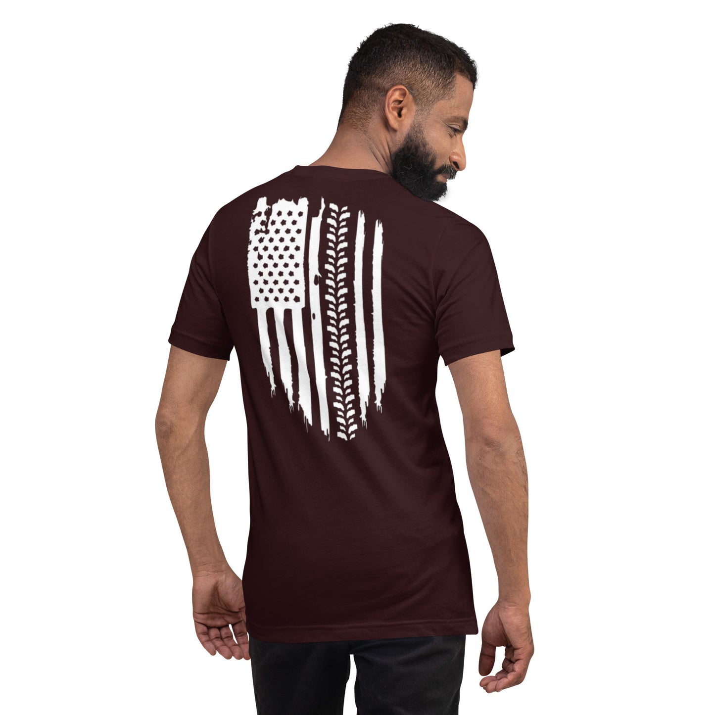a man wearing a maroon t - shirt with an american flag on it