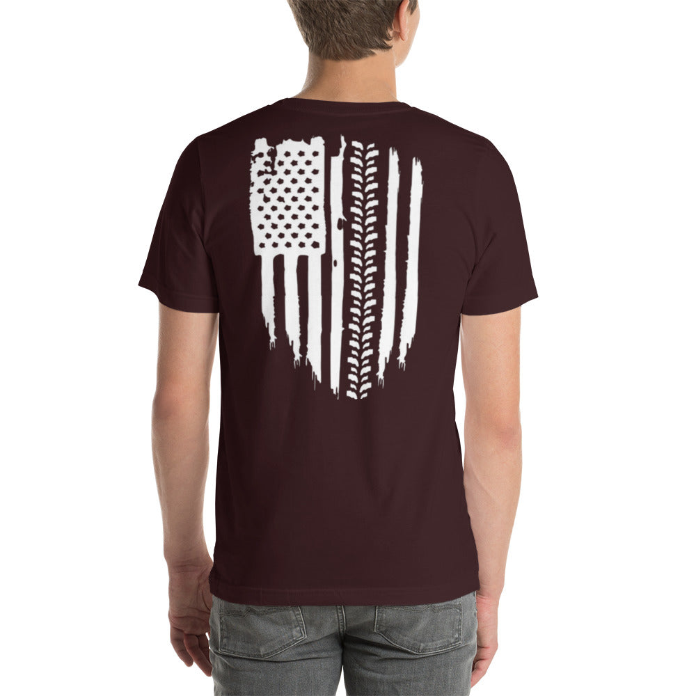 a man wearing a maroon t - shirt with an american flag on it