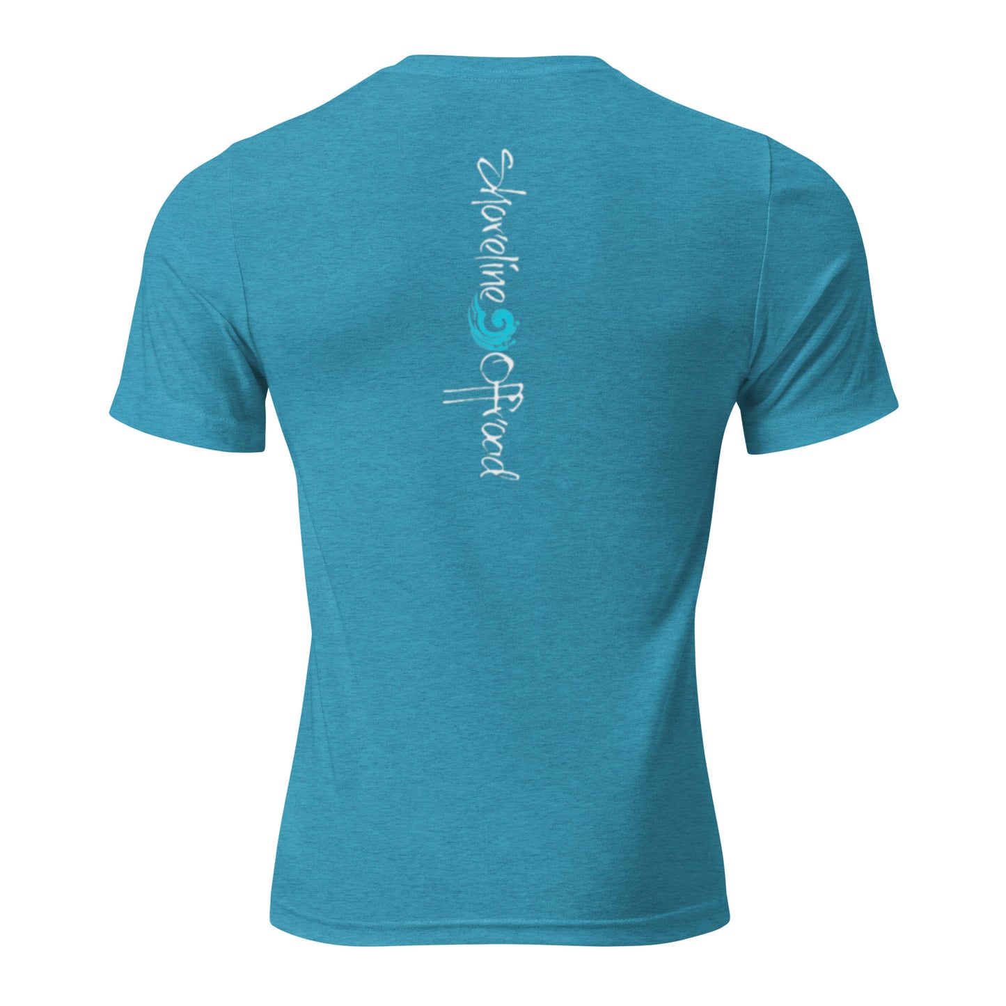 the back of a blue shirt with white writing on it
