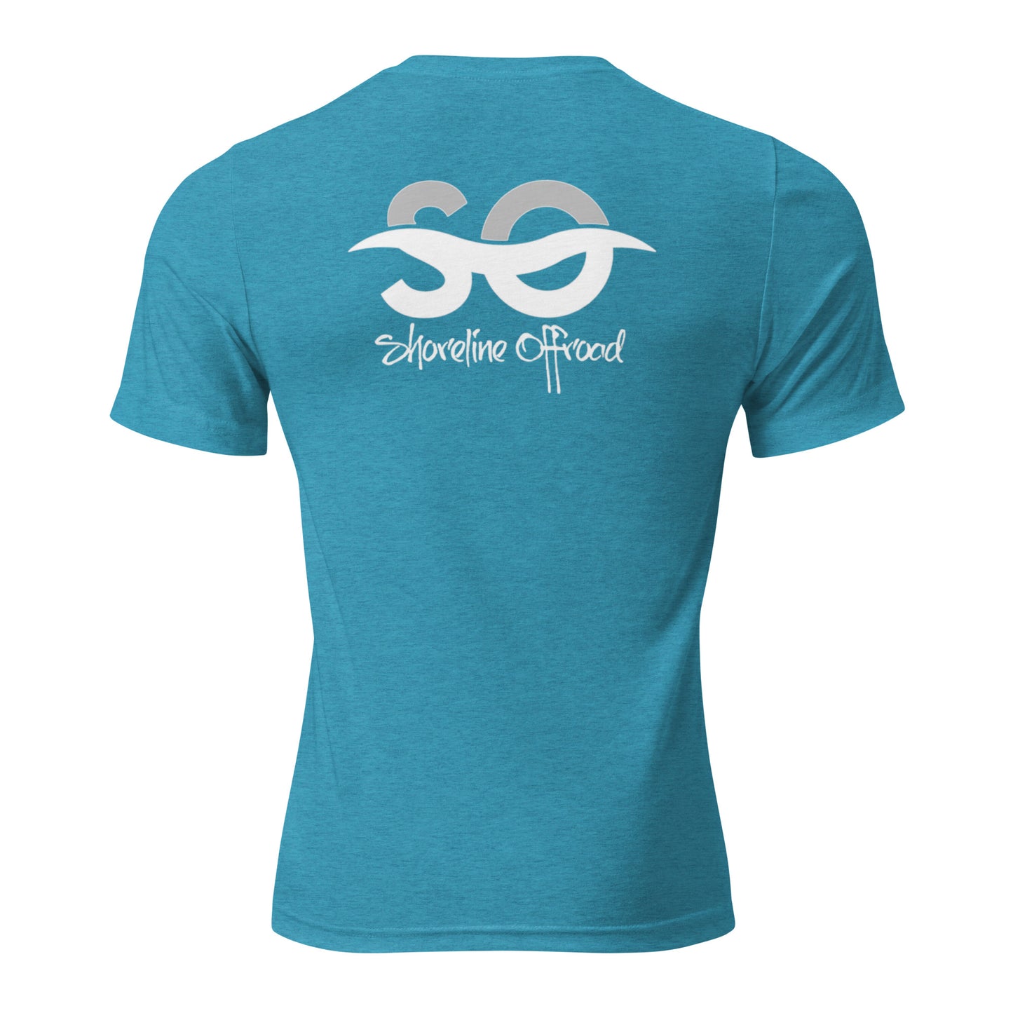 the back of a blue shirt with a white logo