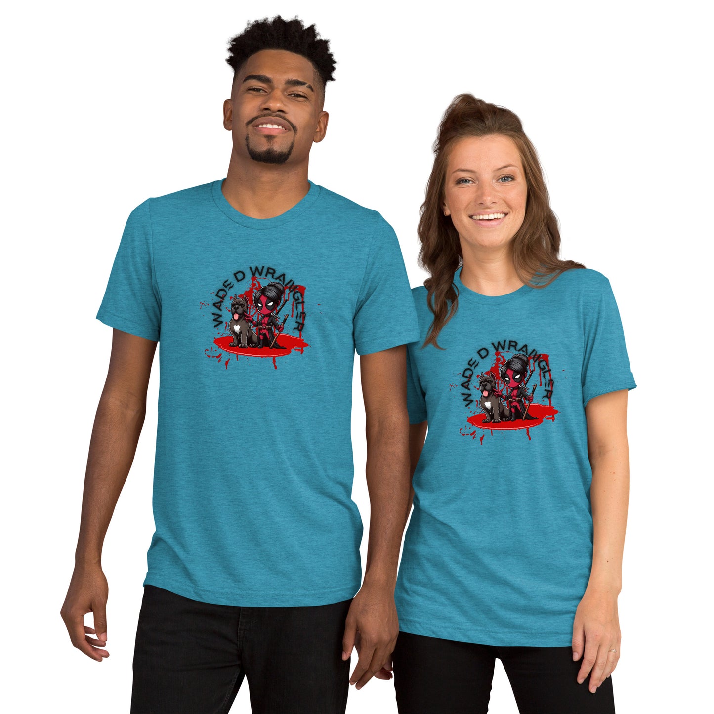 a man and a woman wearing matching t - shirts