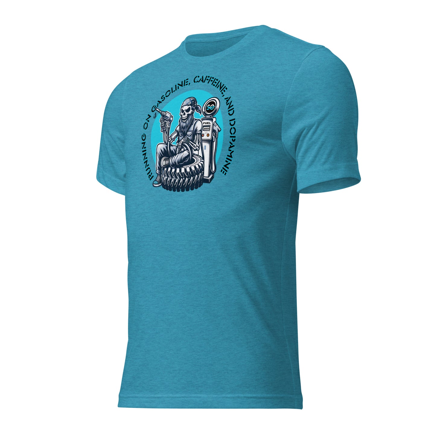 a blue t - shirt with a skeleton riding a motorcycle