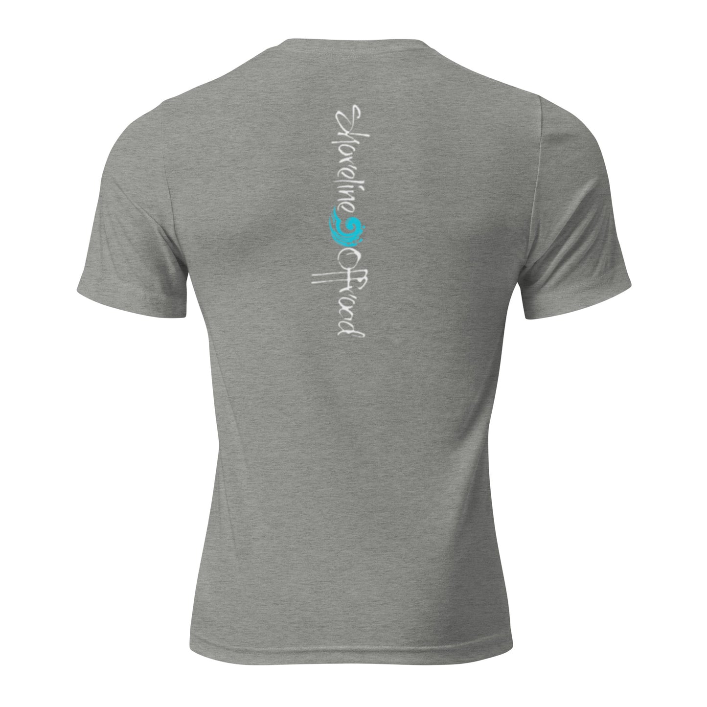 the back of a gray shirt with a blue and white logo