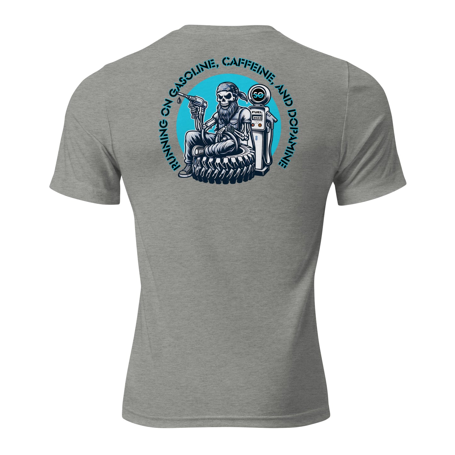the back of a gray shirt with a skeleton on it