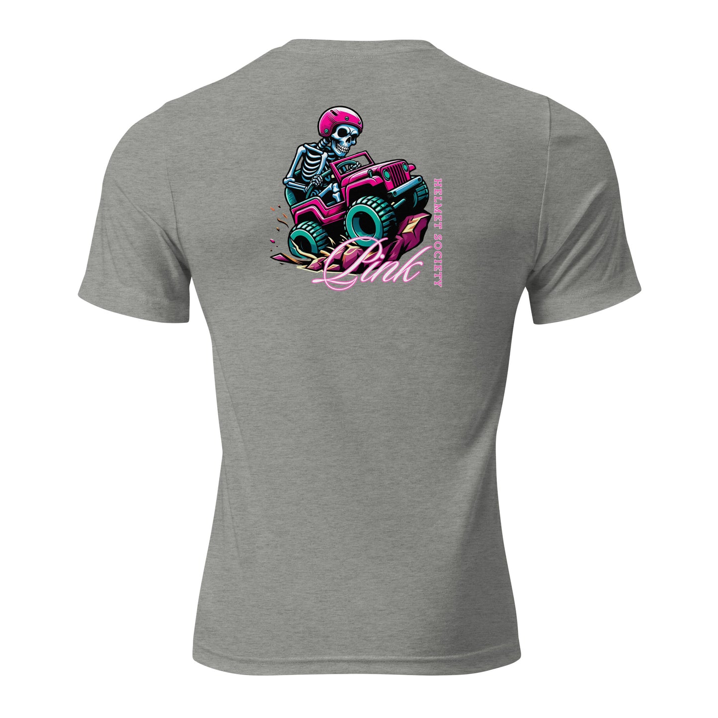 a grey shirt with a skeleton riding a pink car