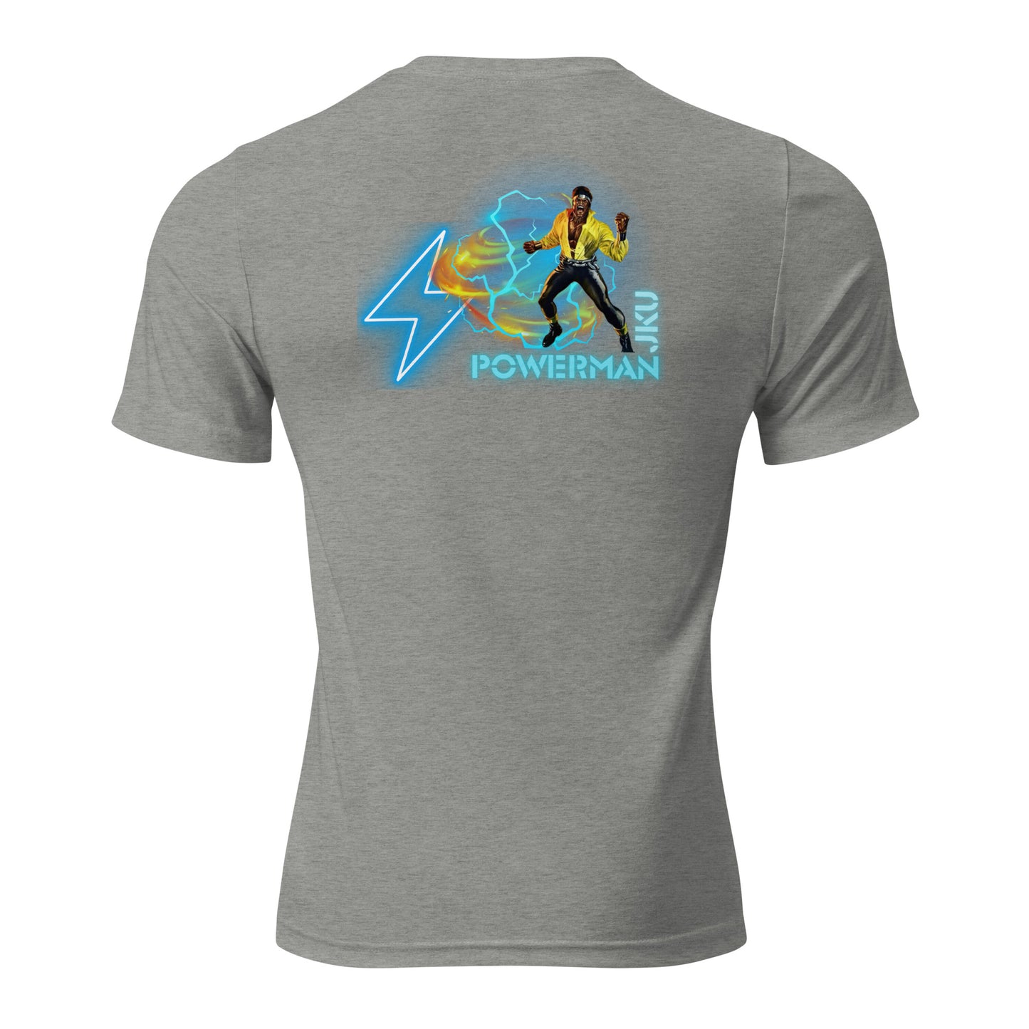 the back of a gray shirt with a graphic of a man in a yellow shirt