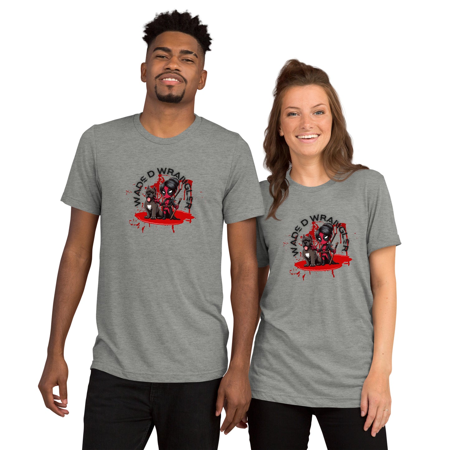 a man and a woman wearing t - shirts with blood on them