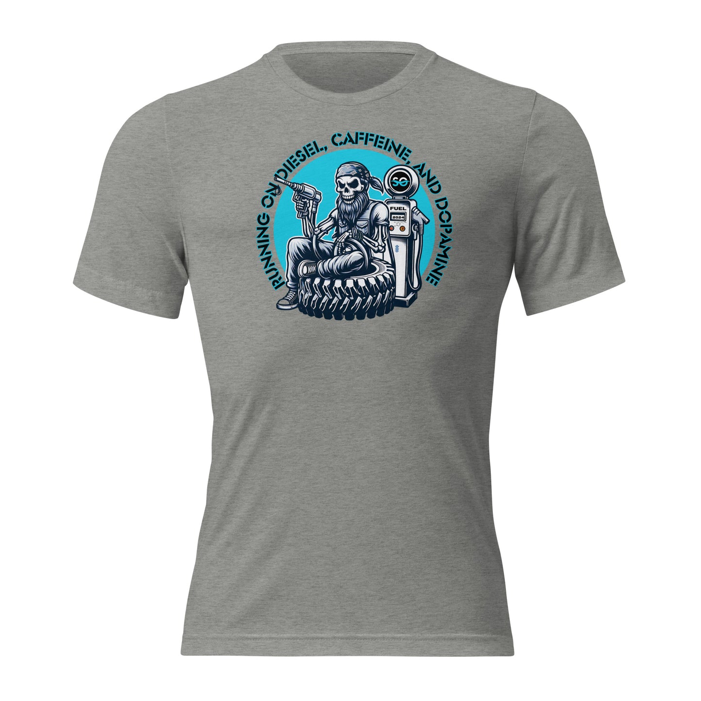 a grey t - shirt with a skeleton on it
