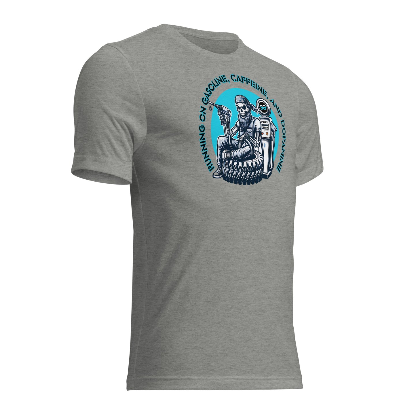 a grey t - shirt with a skeleton on it