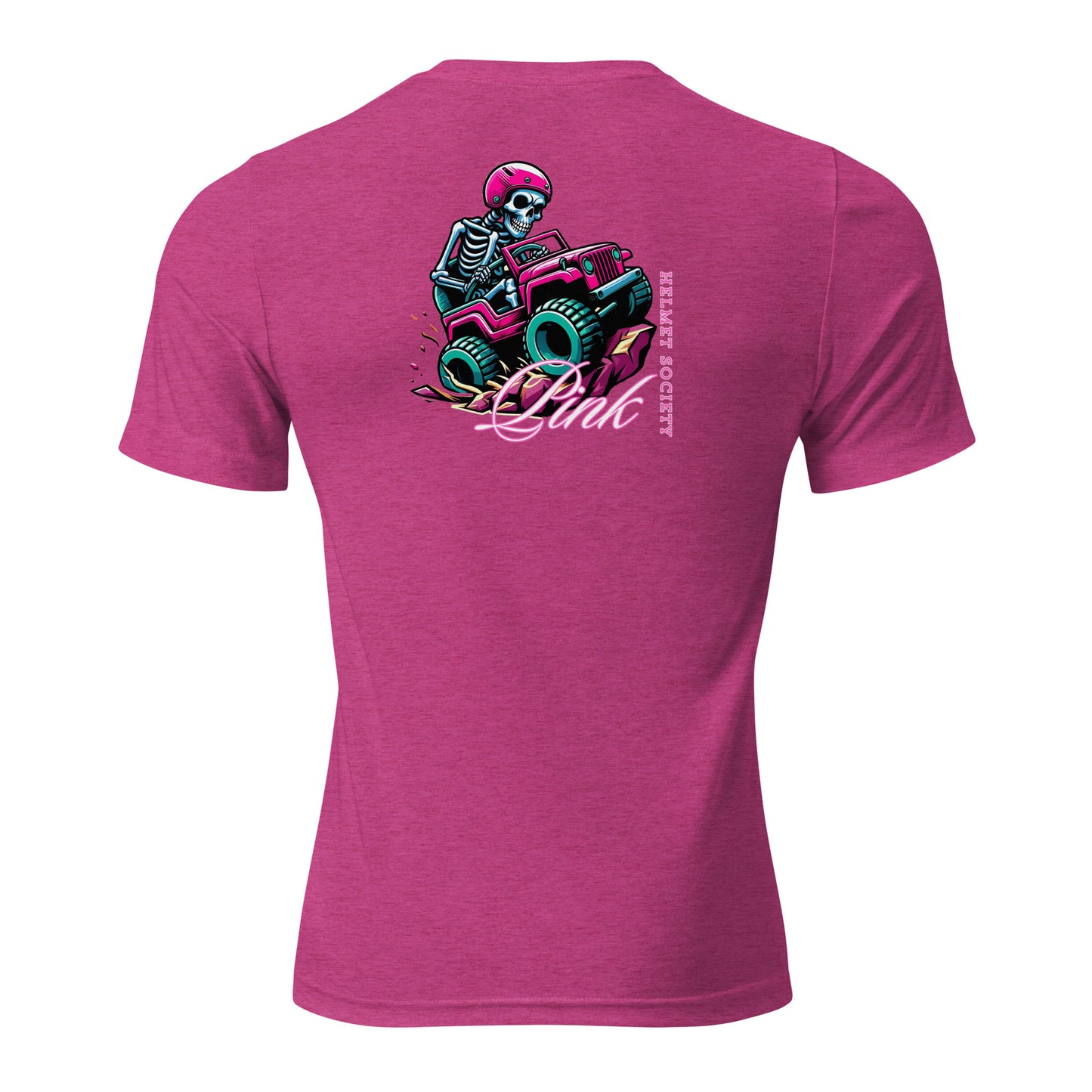 a pink shirt with a skeleton riding a pink atv