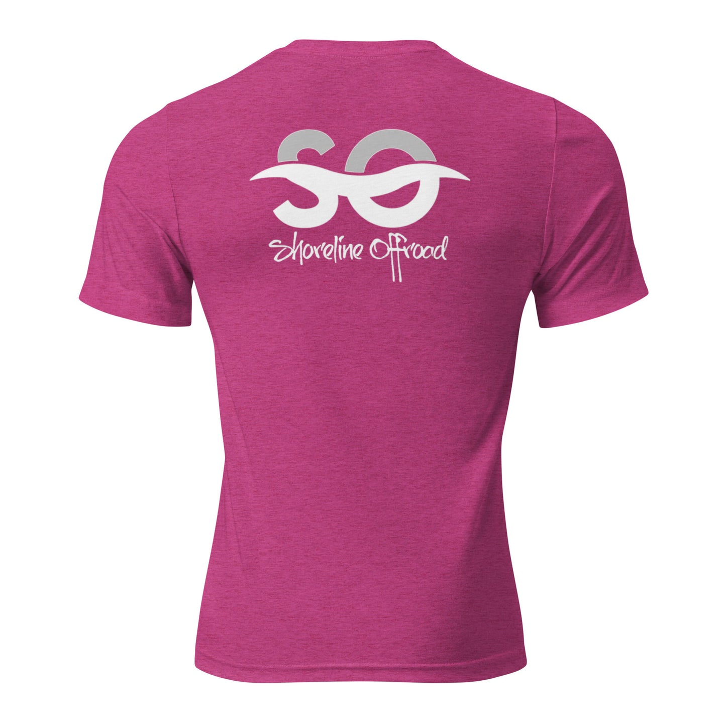 the back of a pink shirt with a white logo on it