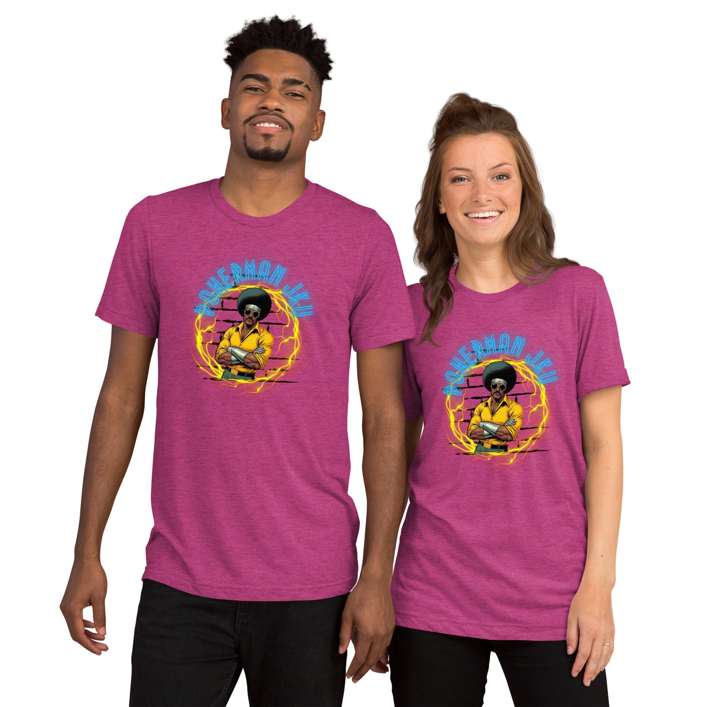 a man and a woman wearing matching t - shirts