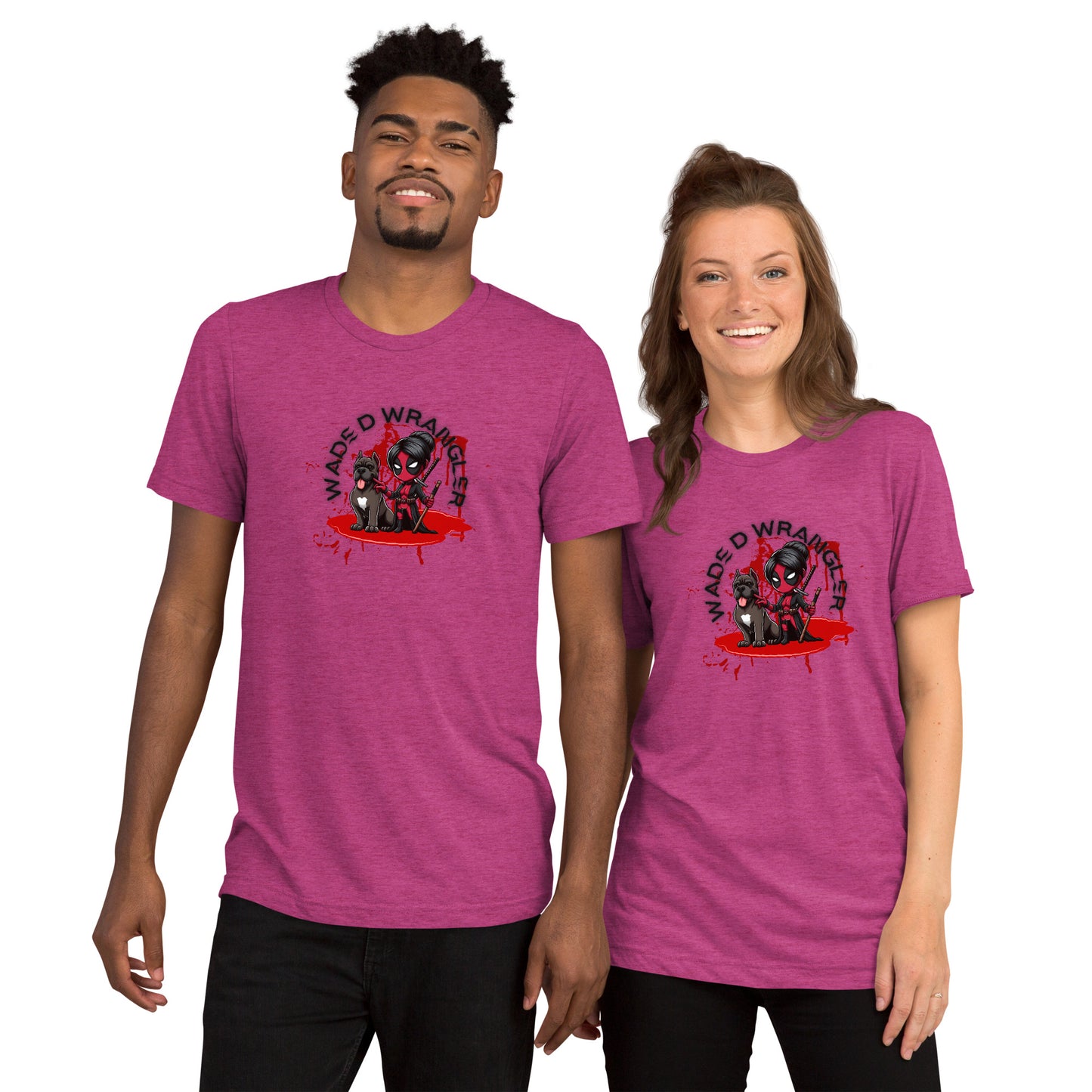 a man and a woman wearing matching t - shirts