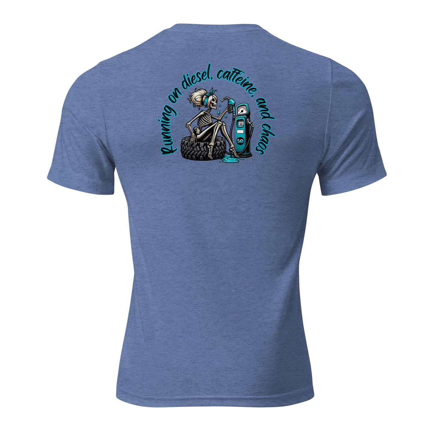 a blue t - shirt with a skeleton holding a skateboard