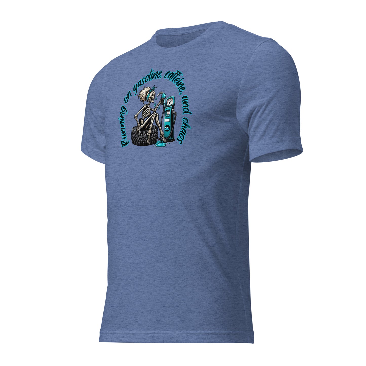 a blue t - shirt with a skeleton on it