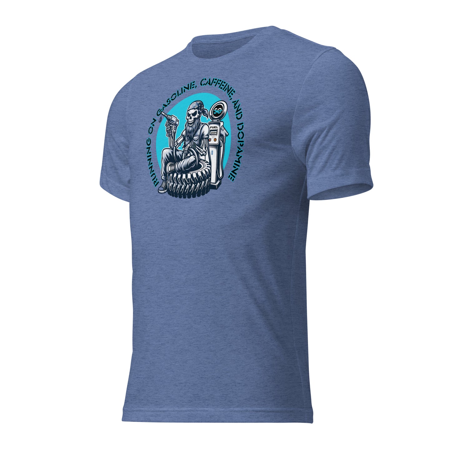 a blue t - shirt with a skeleton riding a motorcycle