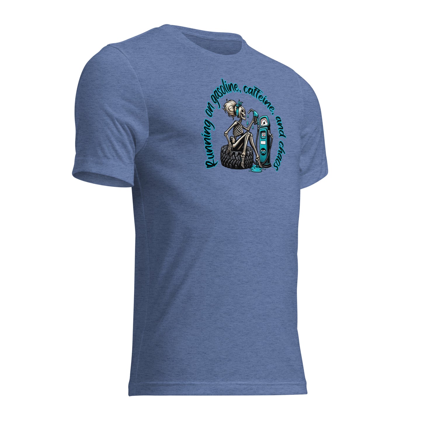 a blue t - shirt with an image of a woman in a dress