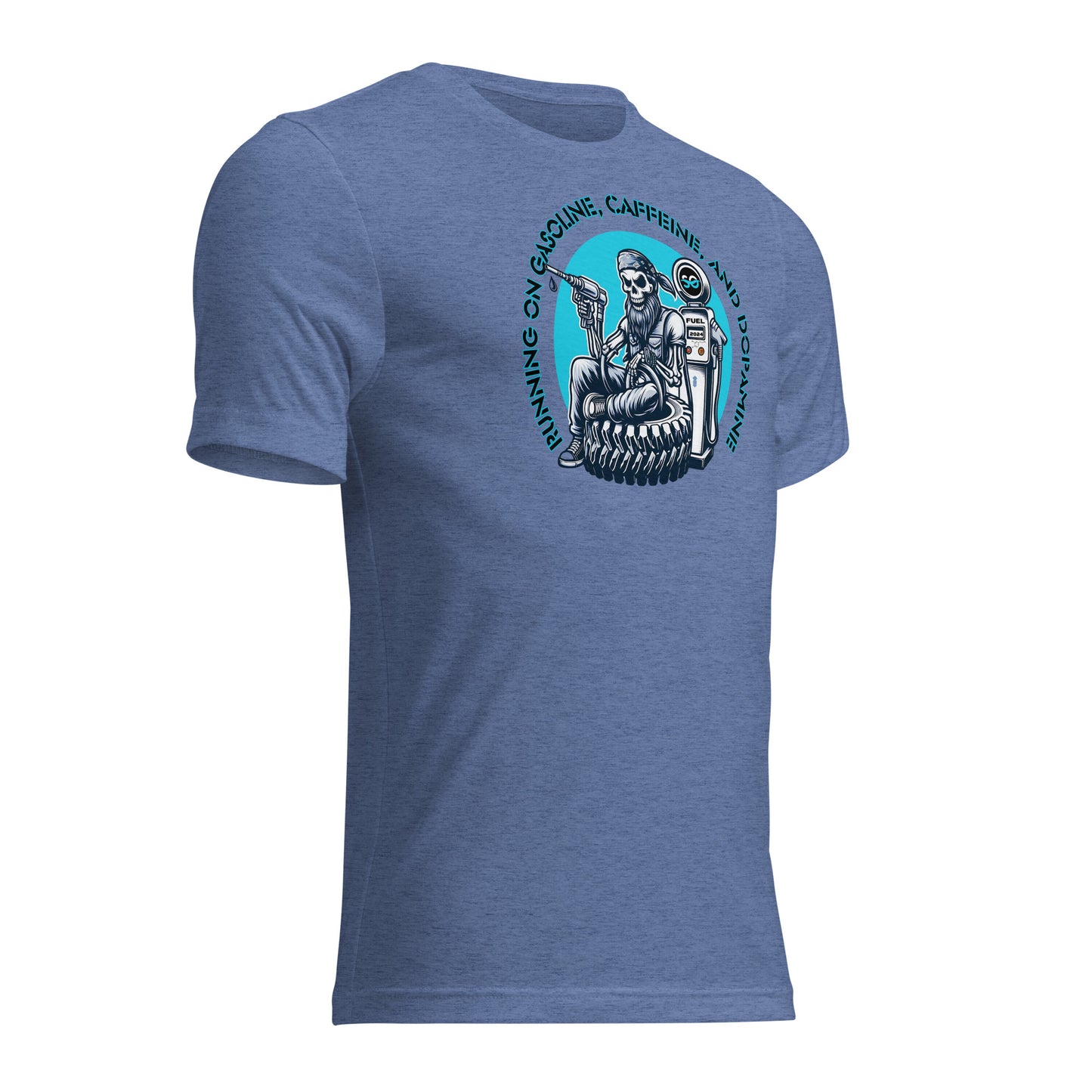 a blue t - shirt with a skeleton riding a motorcycle