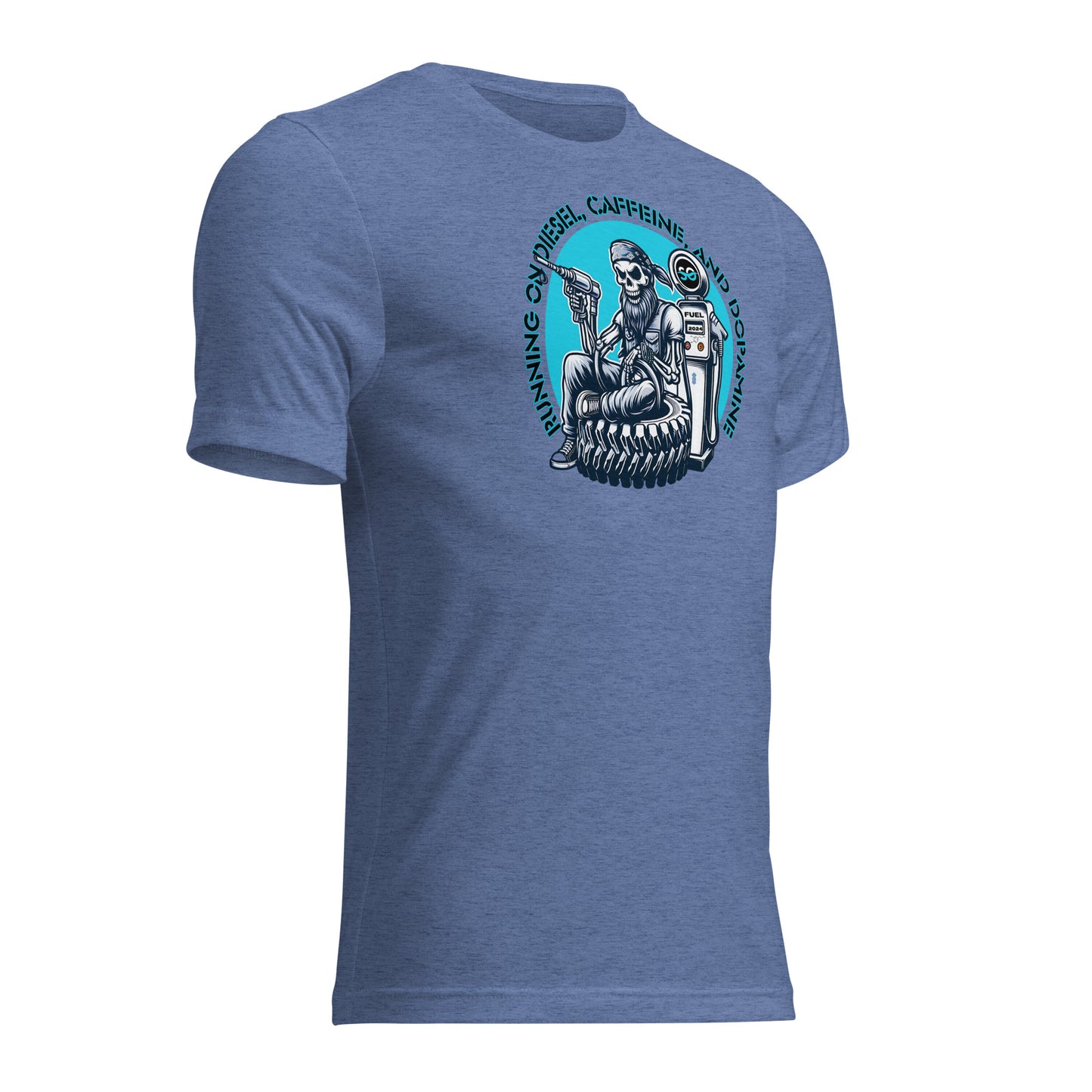 a blue t - shirt with an image of a man on a motorcycle