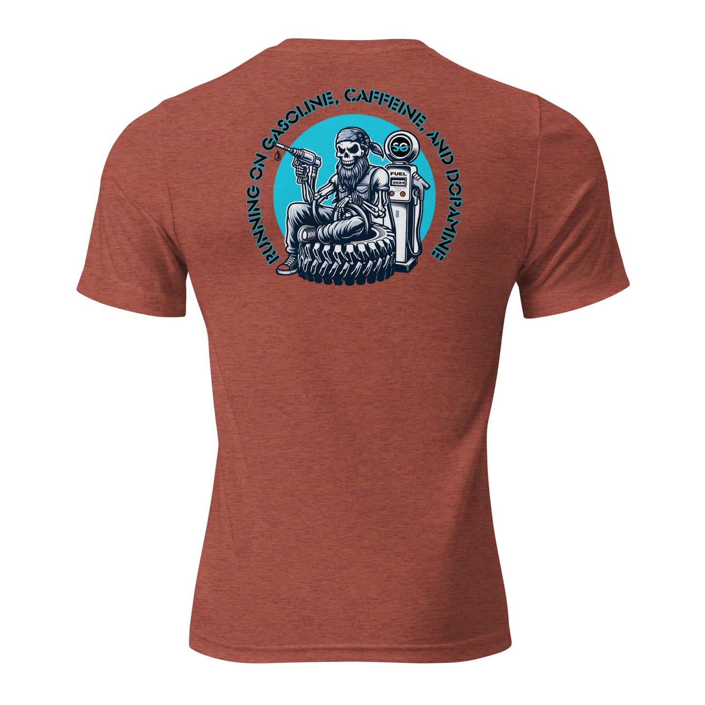 the back of a red shirt with a skeleton on it