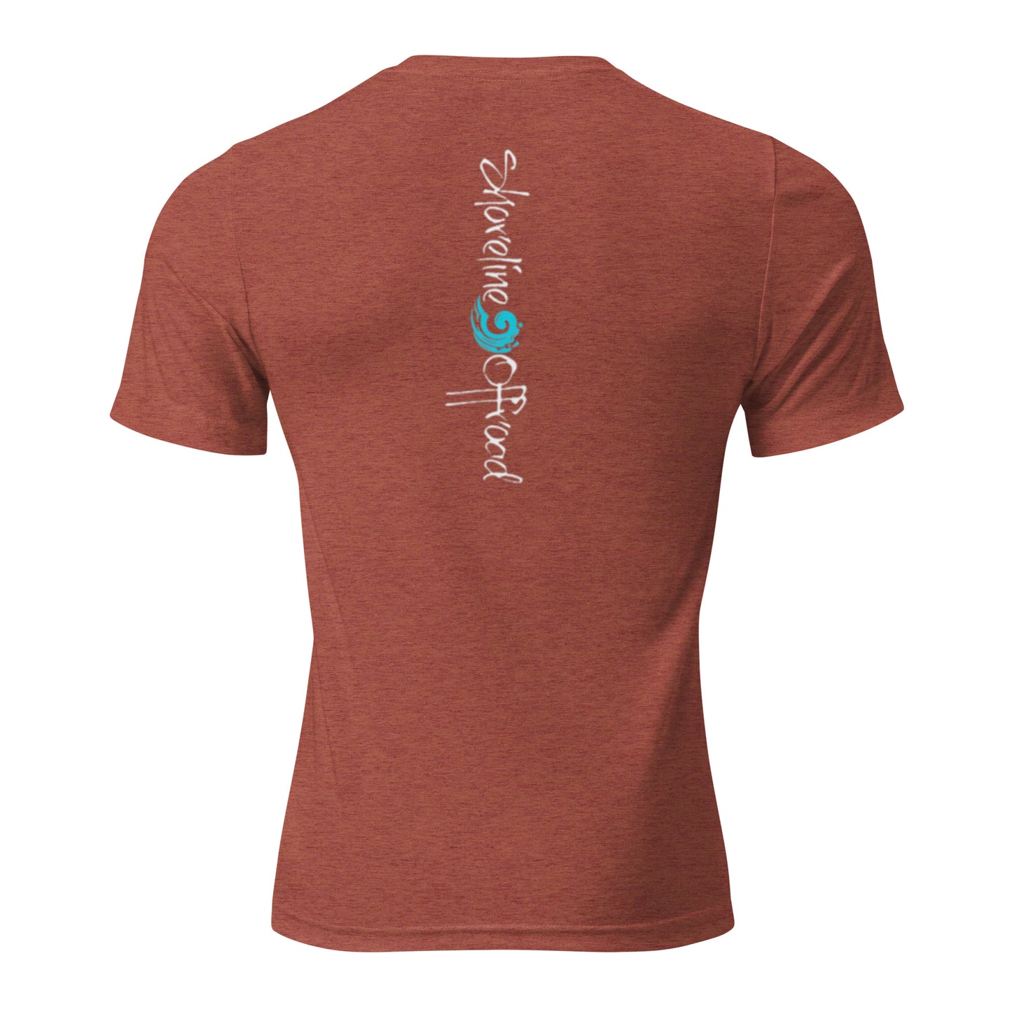 the back of a red shirt with a blue logo on it