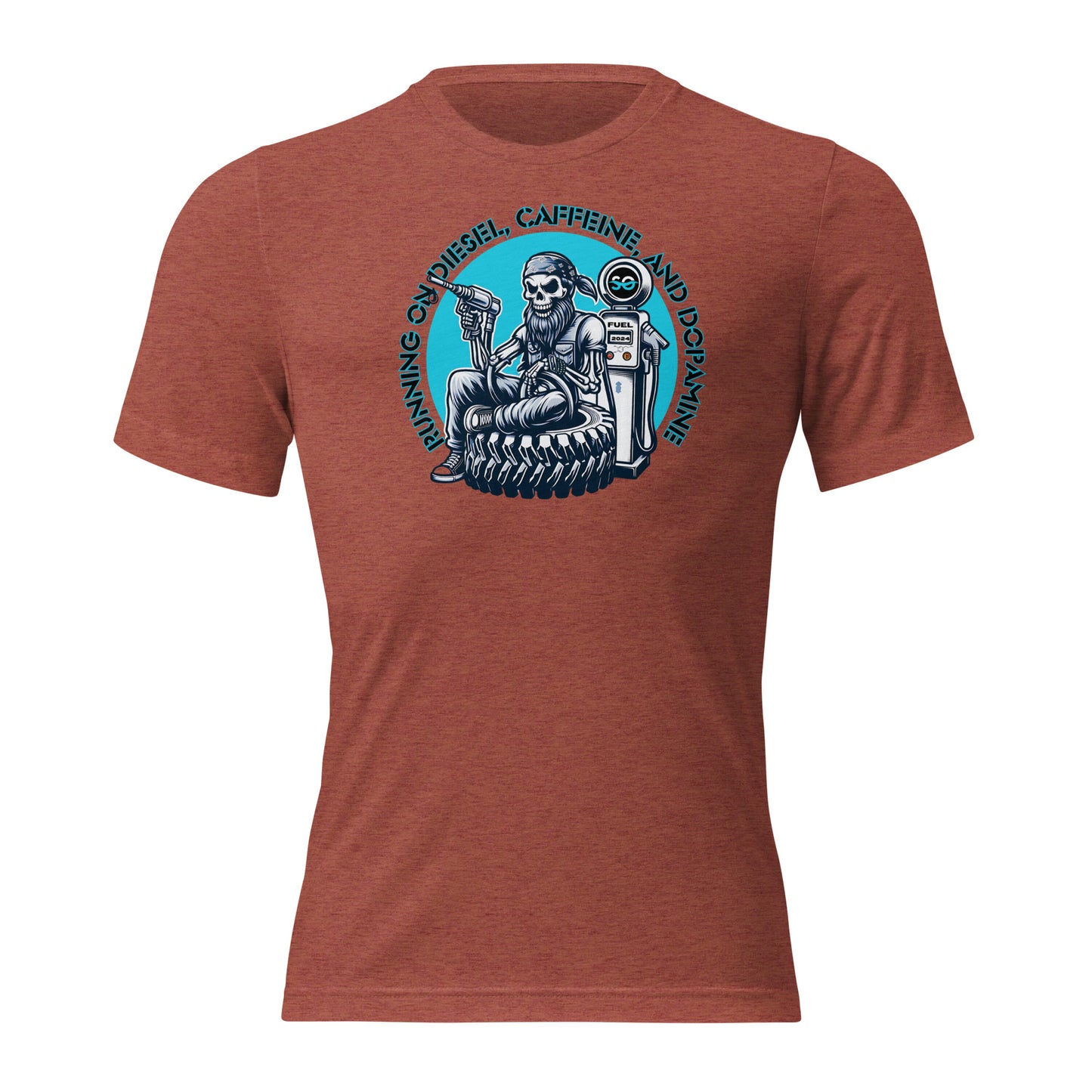 a red shirt with a skeleton sitting on a chair