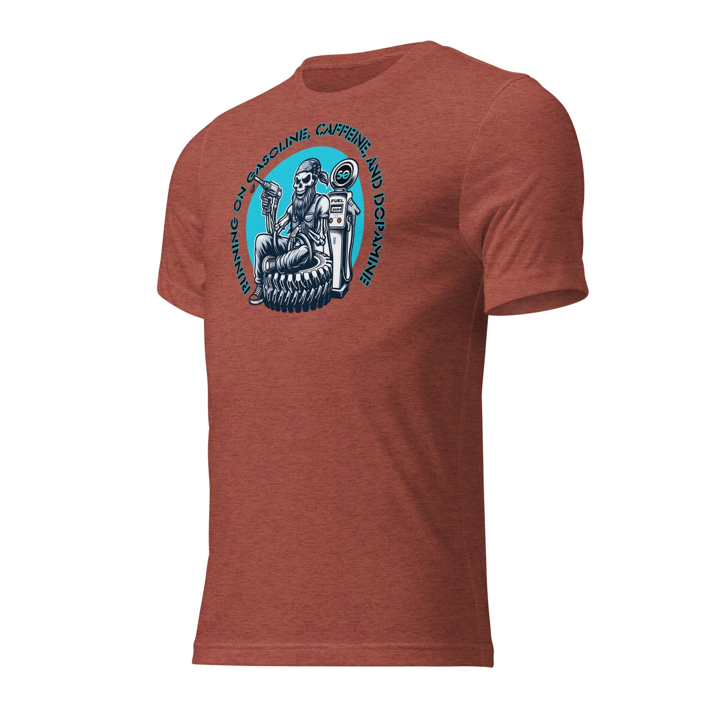 a red t - shirt with a skeleton riding a motorcycle