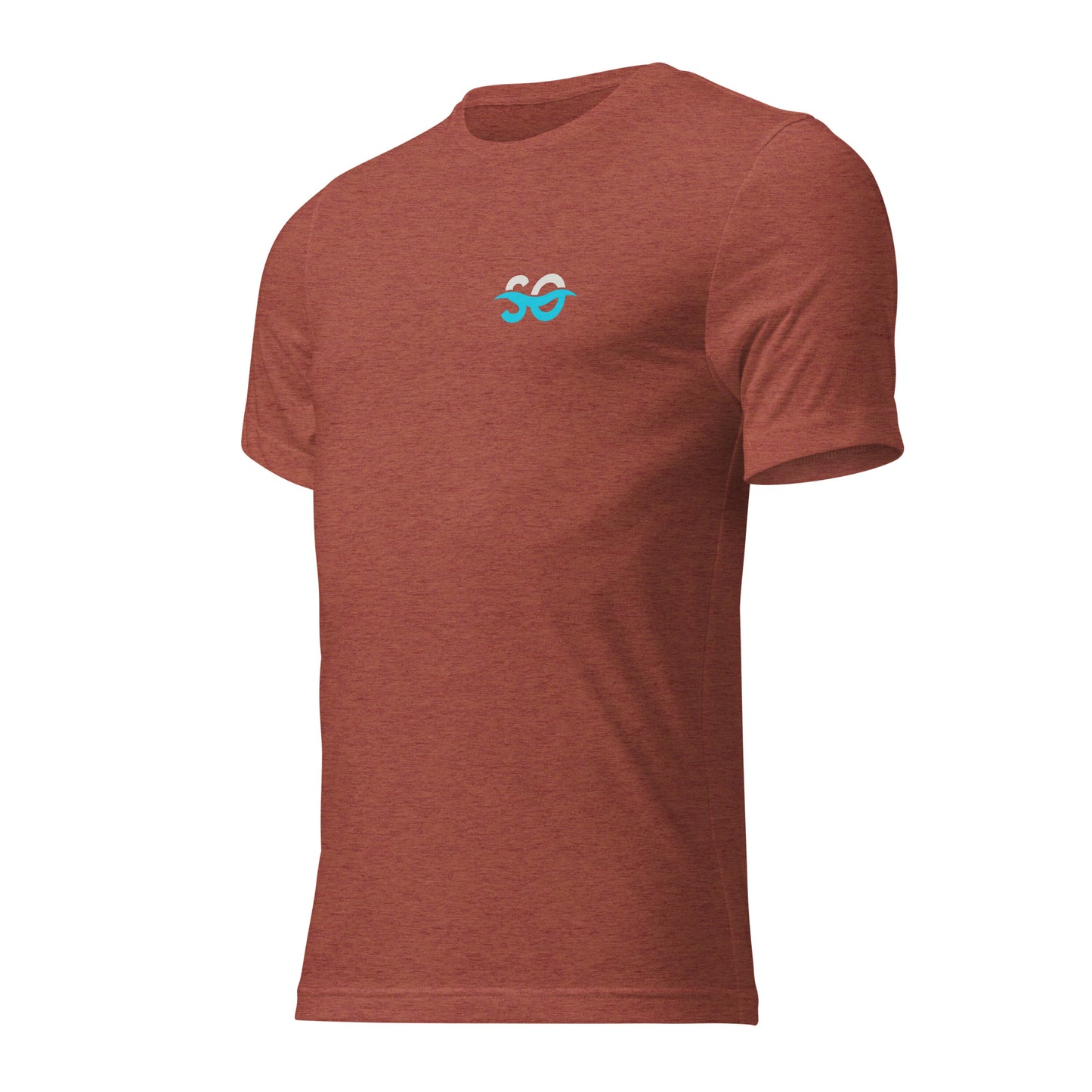 a red t - shirt with a blue logo on the chest