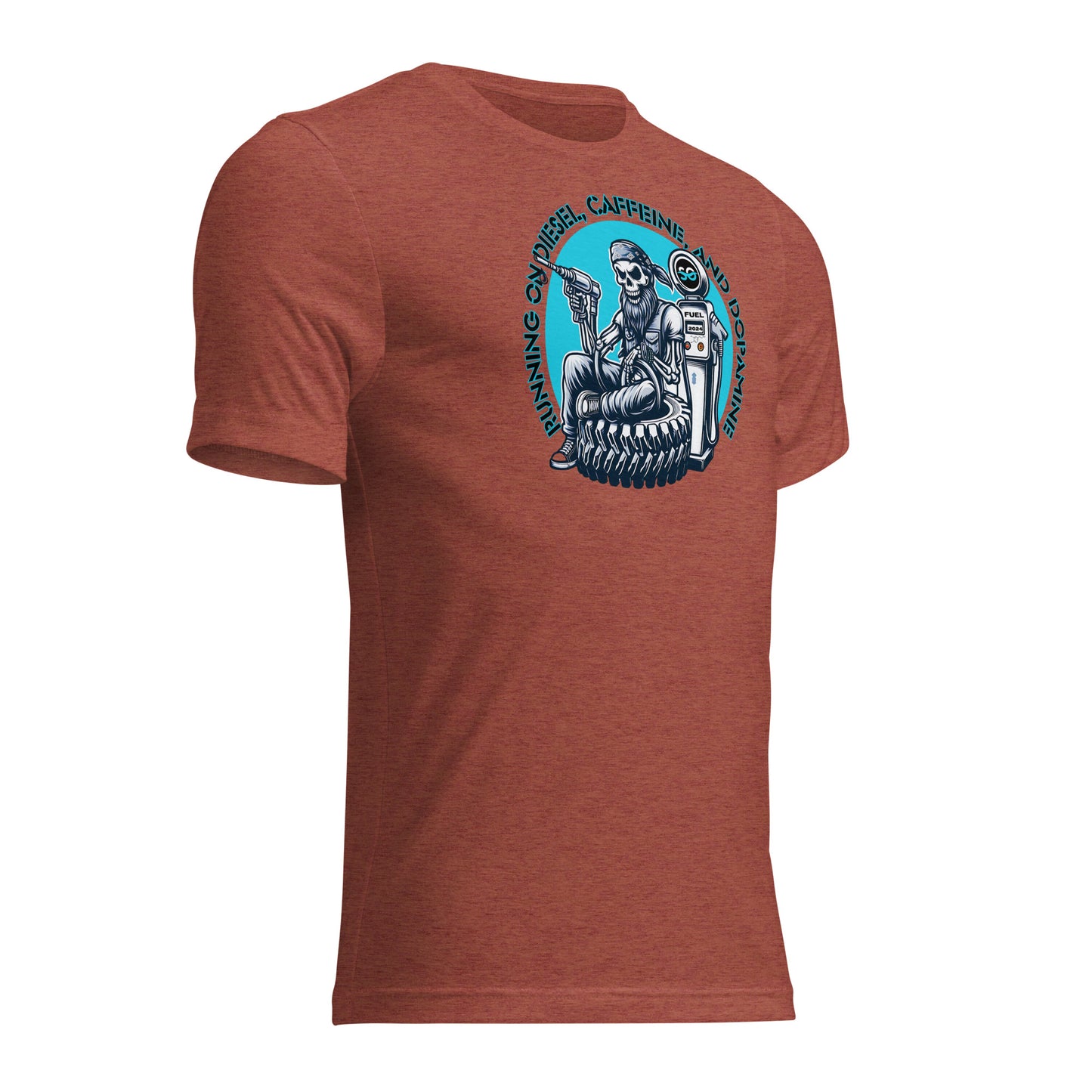 a red shirt with a picture of a skeleton on it