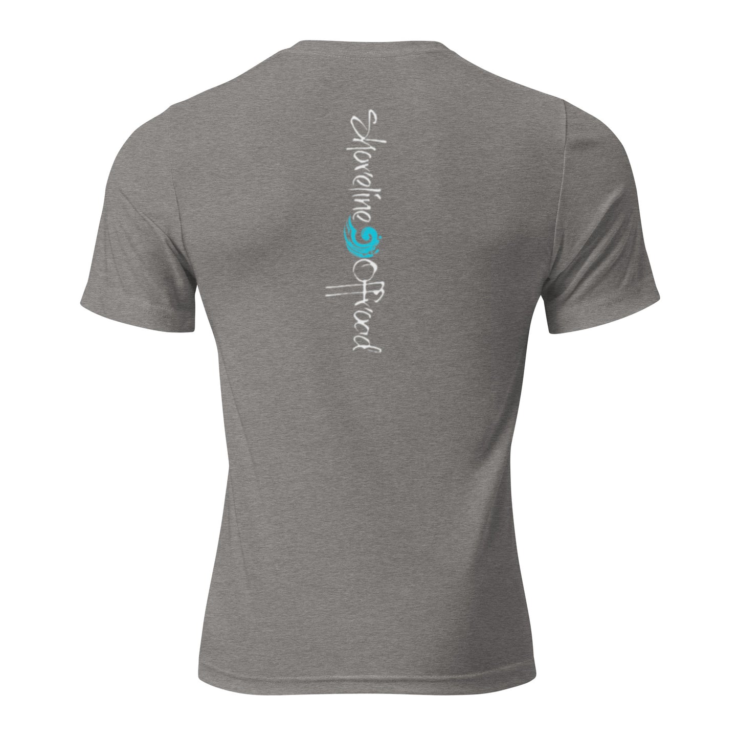 the back of a gray shirt with a blue and white logo