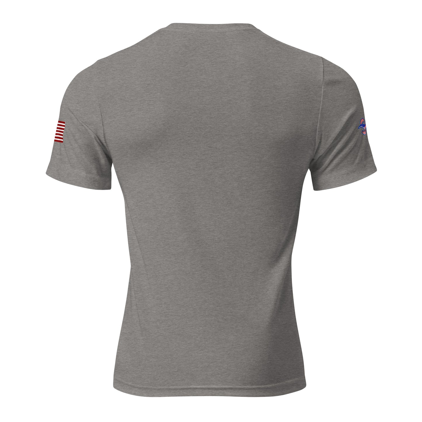 the back of a gray shirt with an american flag on it