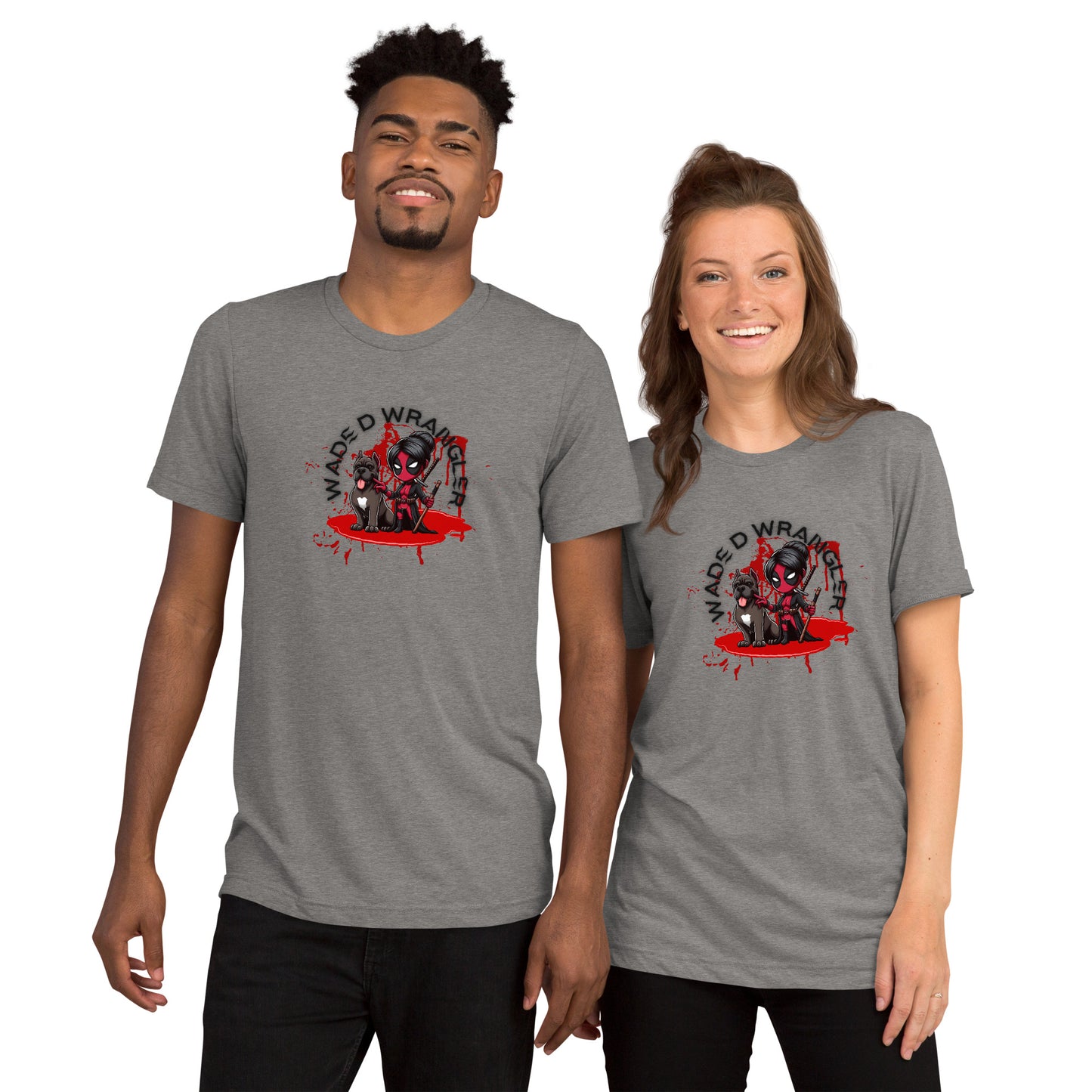 a man and a woman wearing t - shirts with blood on them