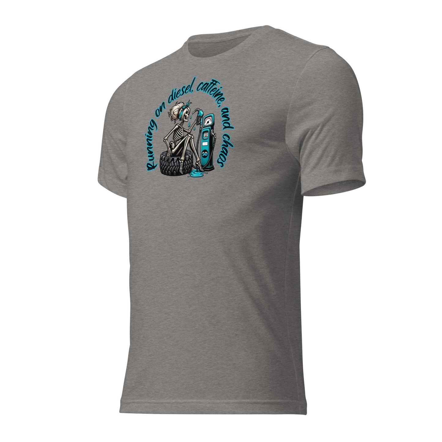 a grey t - shirt with a skeleton on it