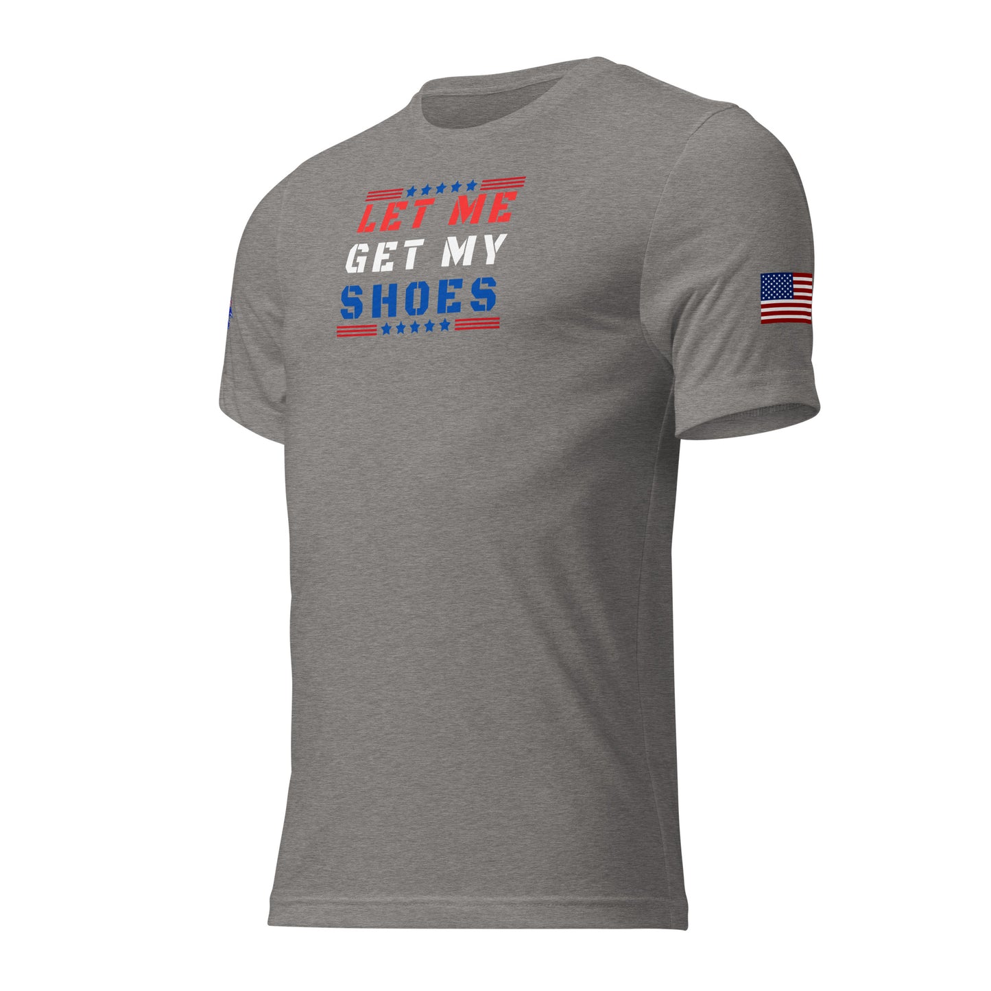 a gray t - shirt with the words get my shoes printed on it