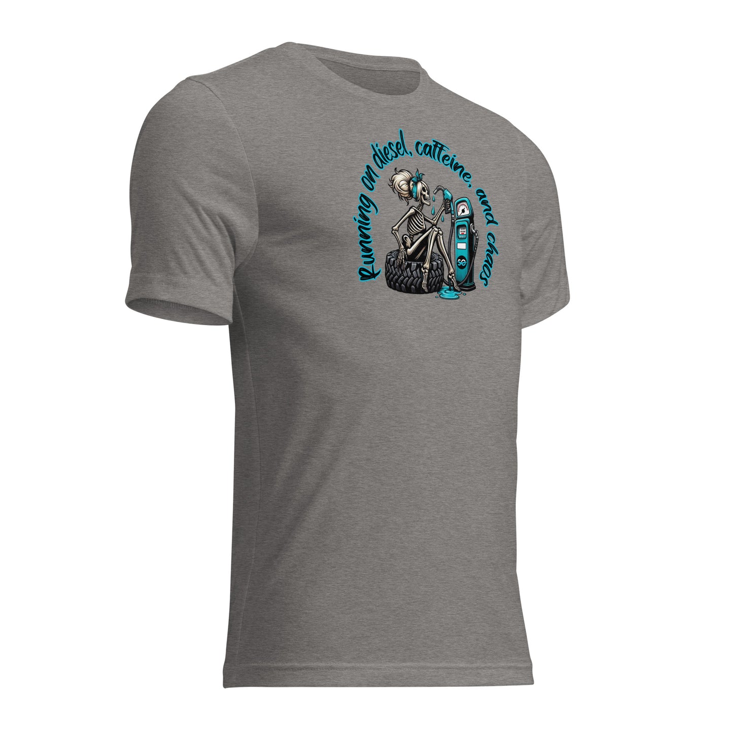 a grey t - shirt with an image of a skeleton on it