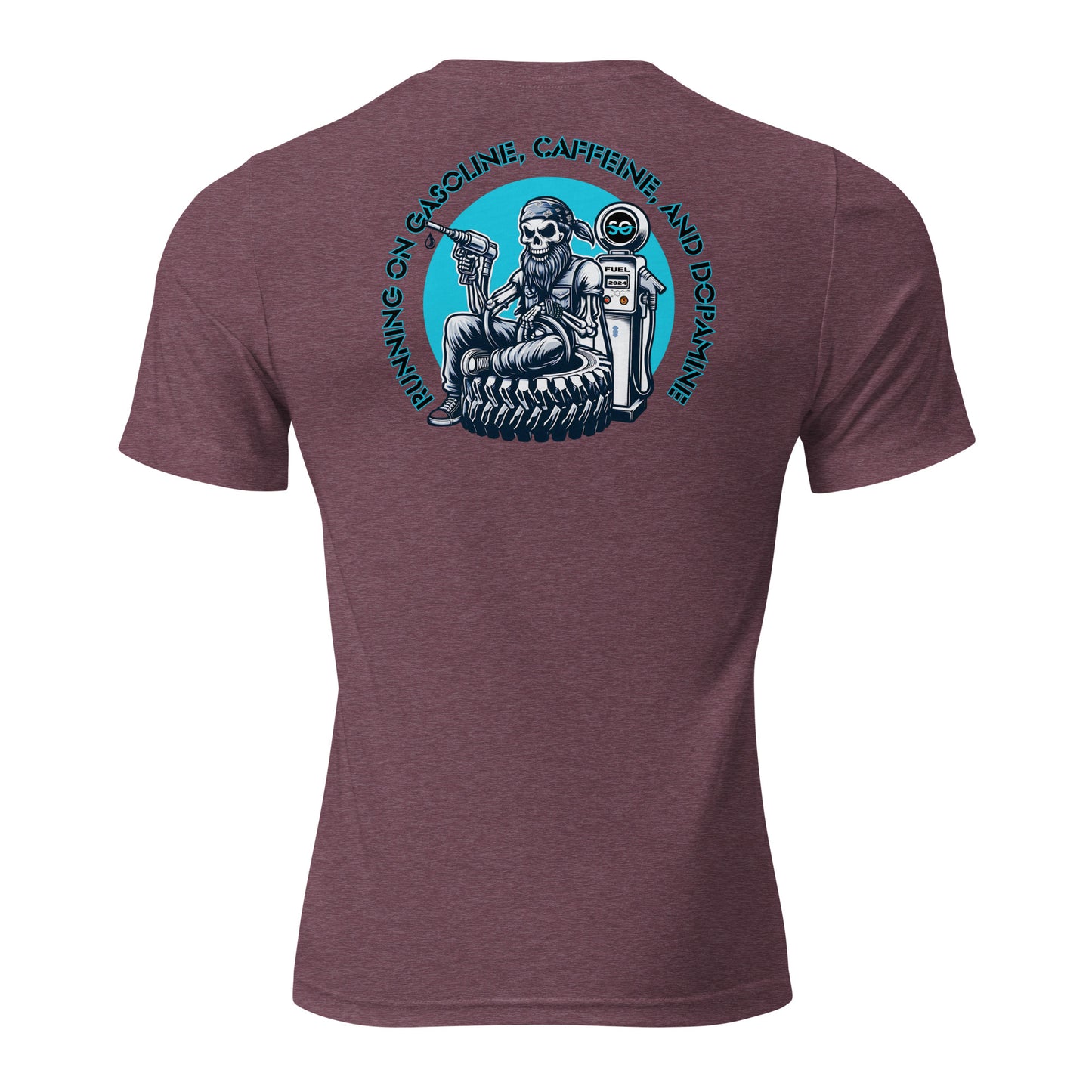 the back of a maroon shirt with a skeleton on it
