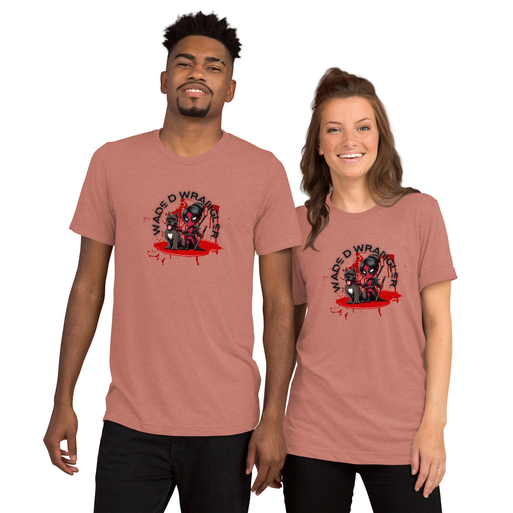 a man and a woman wearing matching t - shirts
