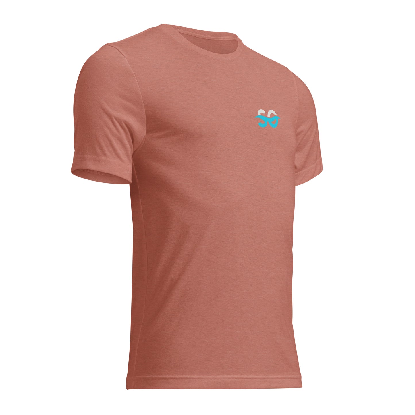 a pink t - shirt with a blue logo on the chest