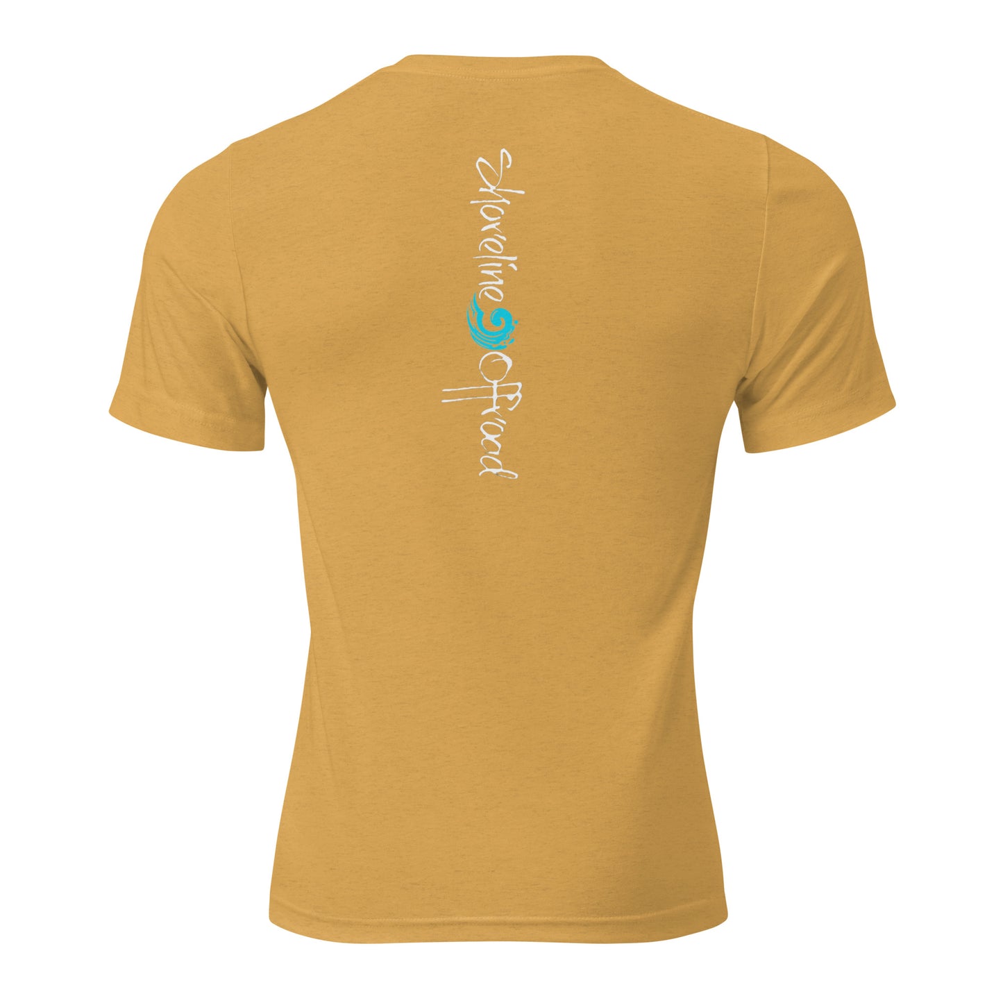 the back of a yellow shirt with a blue logo on it