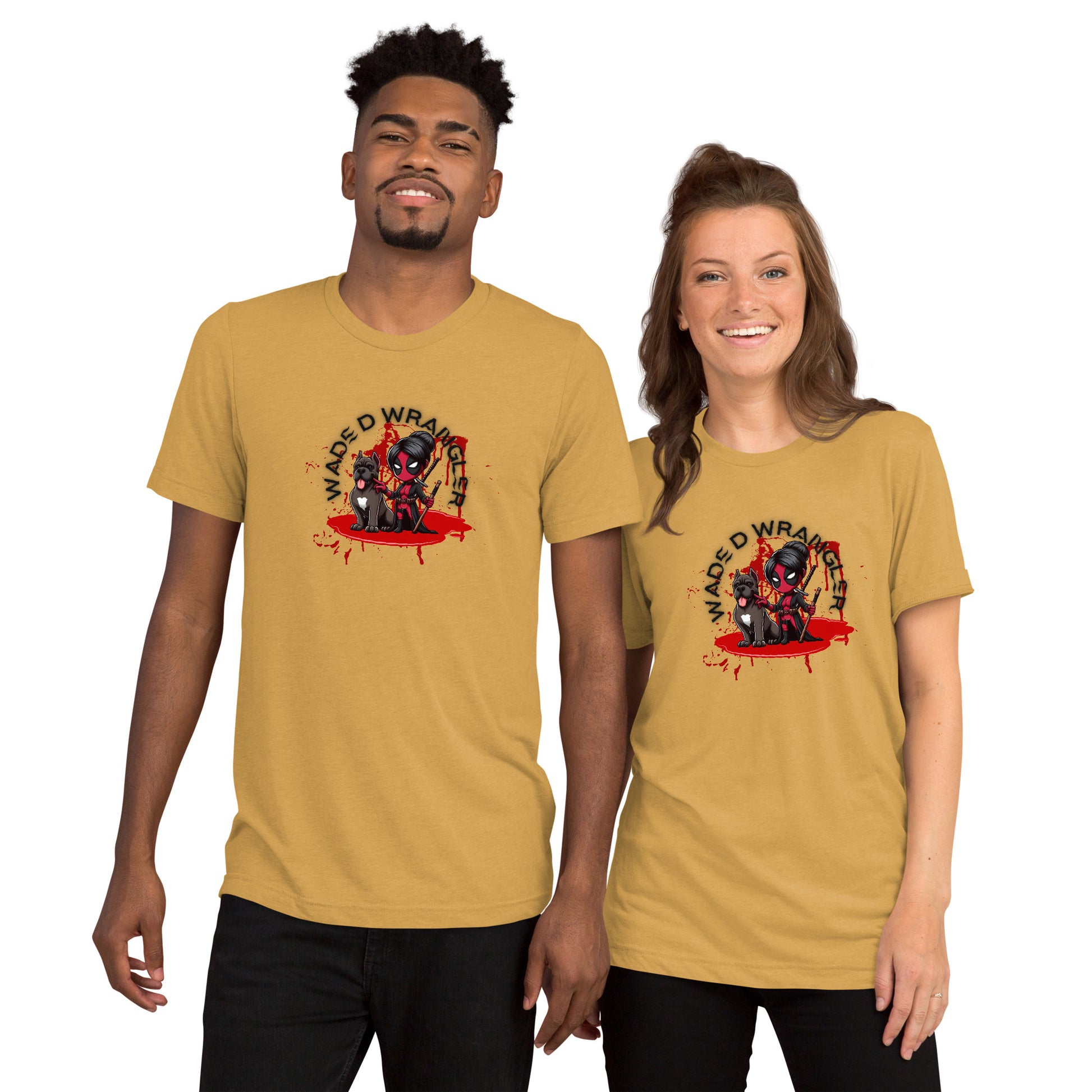 a man and a woman wearing t - shirts with a picture of a spider man