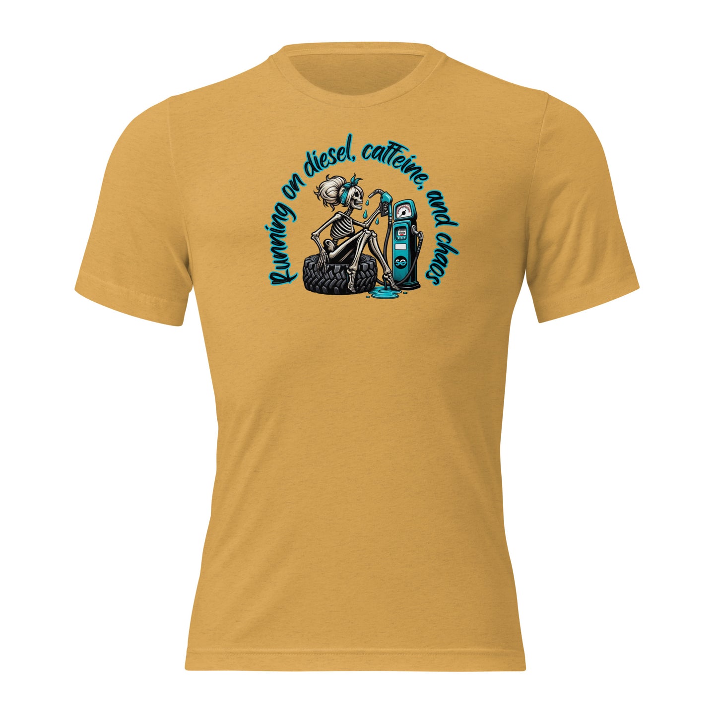 a yellow t - shirt with a skeleton holding a skateboard