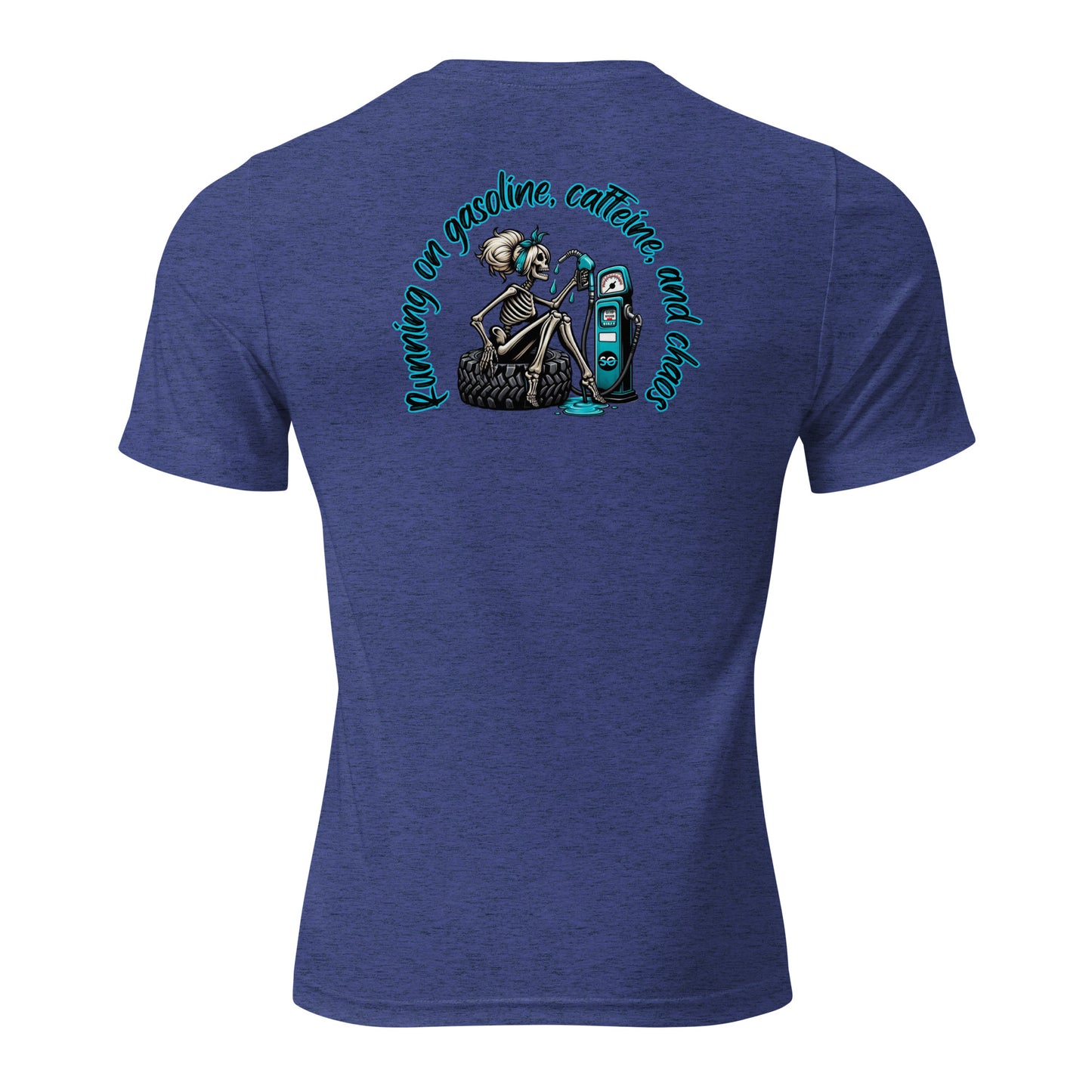 a blue shirt with a skeleton riding a snowboard
