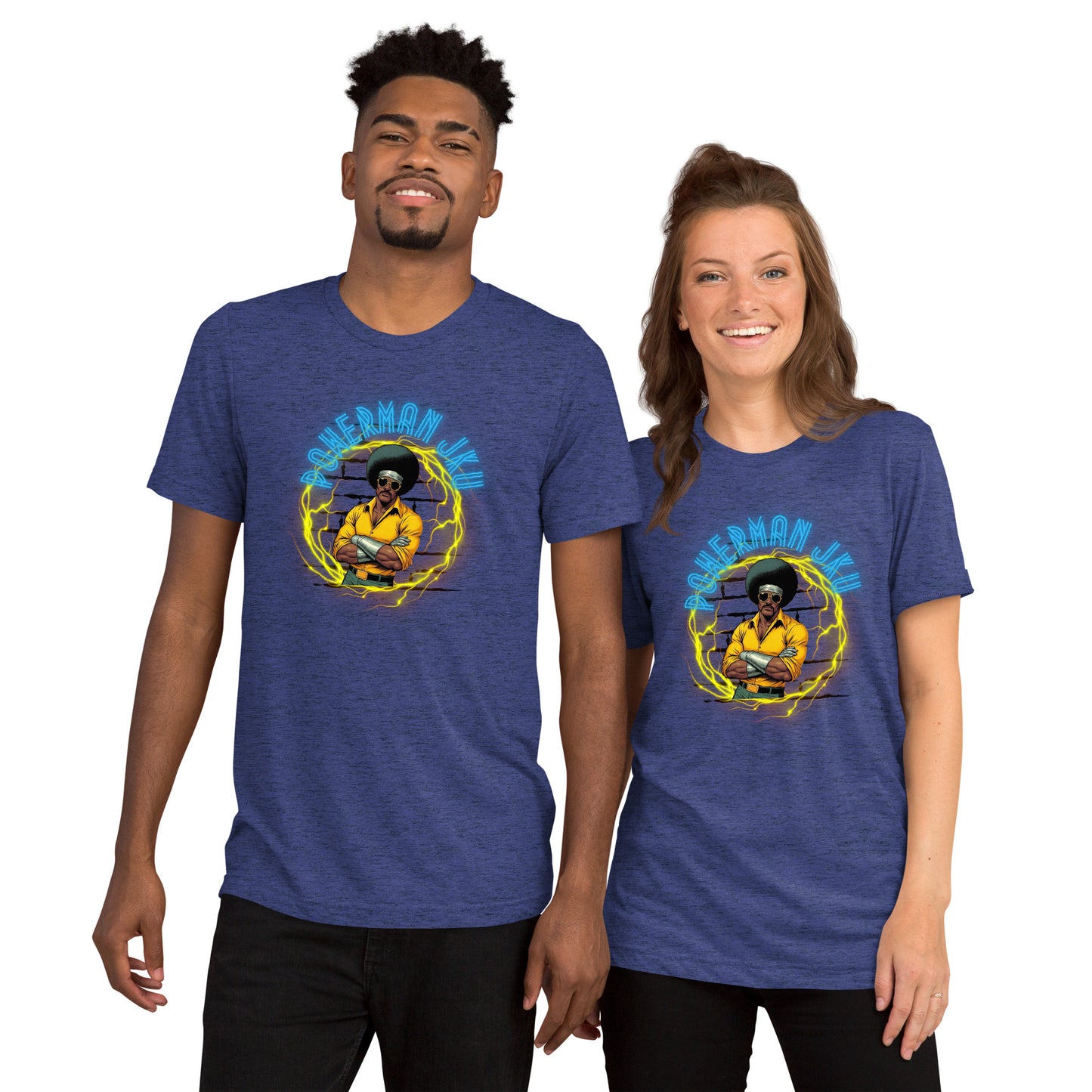 a man and a woman wearing blue t - shirts